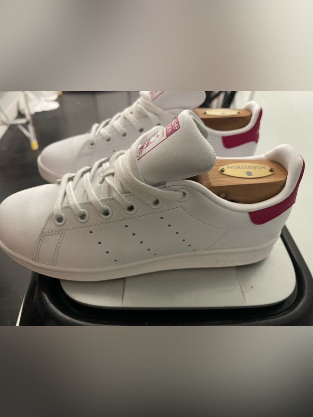 Nearly new. Female size 5, pink and white Stan Smith Adidas. In box.